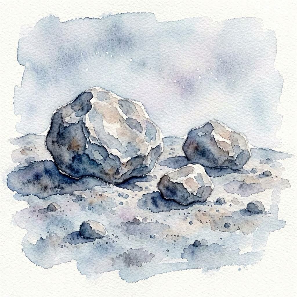 A delicate watercolor painting of moon rocks resting on lunar soil, soft pastel washes blending grays, blues, and muted purples, gentle diffused light creating a dreamy atmosphere, hand-painted illustration style with subtle paper texture.
