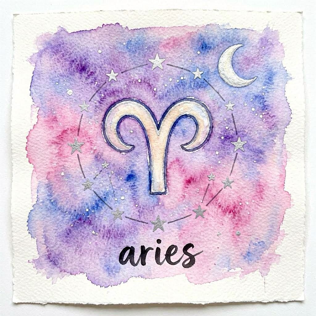 A delicate watercolor painting of the Aries zodiac symbol encircled by its constellation, purple-to-pink washes blending into a star-speckled night sky, 'ARIES' hand-lettered in bold ink below, illuminated by gentle moonlight, scanned at high resolution for crisp detail.
