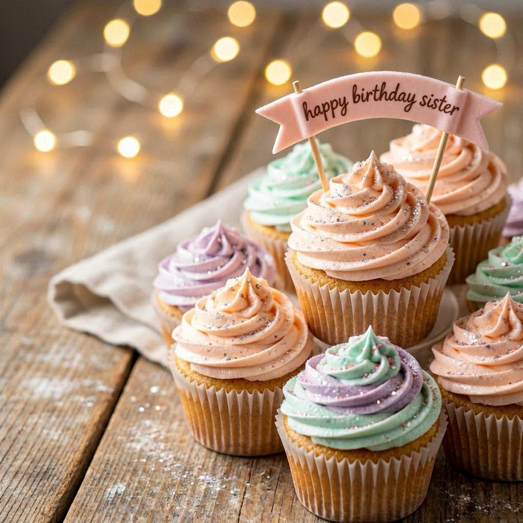 A close-up macro shot of a cupcake tower decorated with pastel icing, edible glitter, and a tiny fondant banner reading “Happy Birthday Sister,” set on a rustic wooden table with blurred fairy lights in the background, creamy bokeh effect, 100mm macro lens, f/2.8 aperture.
