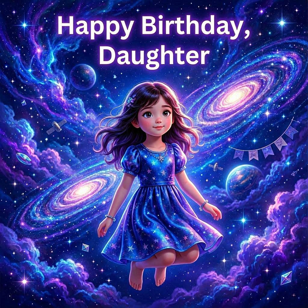 A cosmic birthday greeting to daughter floating among illustrated galaxies, shimmering stars, and nebula clouds, neon purples and blues, glowing rim lighting, digital art style rendered in Unreal Engine 5 with ultra-sharp details.
