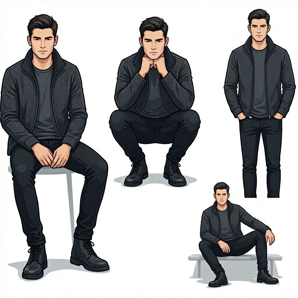 A modern male character with dark hair, wearing a fitted dark jacket, slim pants, and rugged boots, depicted in four dynamic poses—legs crossed, squatting, standing hands-in-pockets, and lounging legs-extended—set against a clean white background, crisp vector illustration style, soft studio lighting, 50mm lens equivalent digital render.